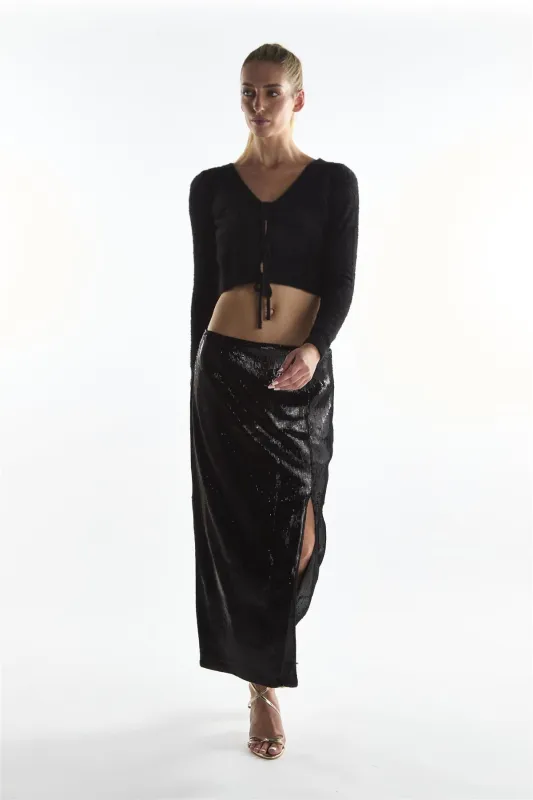 Black Sequin Leg-Split Midi Skirt made by Glamorous