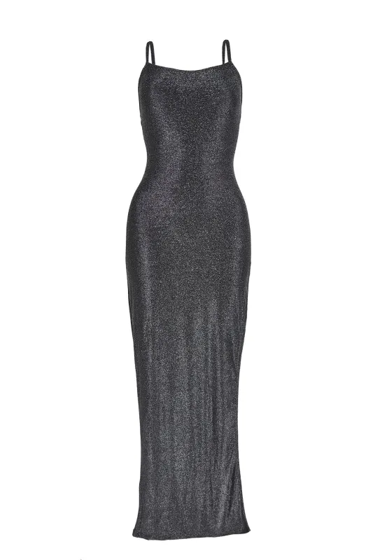 Black-Silver Glitter Strappy-Back Maxi-Dress sold by Glamorous