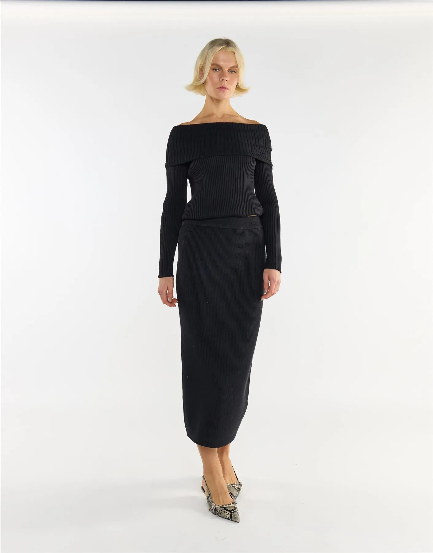 Bardot Off Shoulder Jumper in Black sold by Glamorous