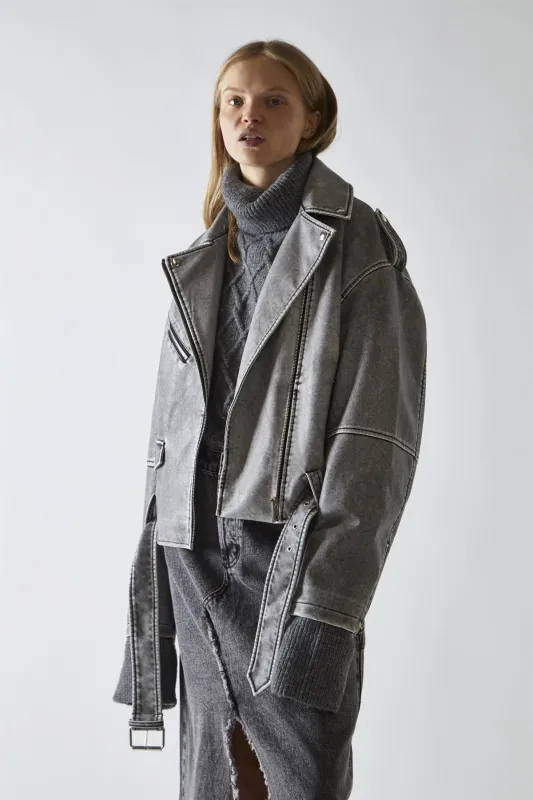 Biker Long sleeve Jacket - Grey Distressed Pu sold by Glamorous