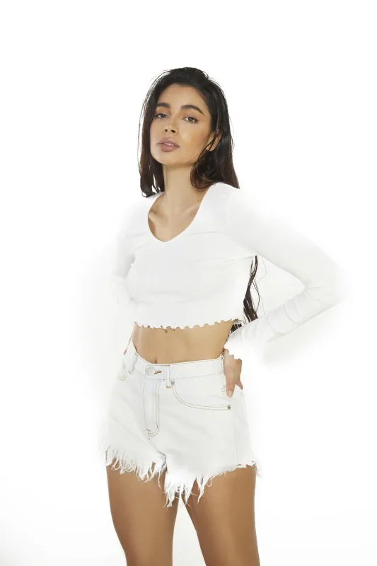 V-neck Rib Cropped Top - Off White made by Glamorous