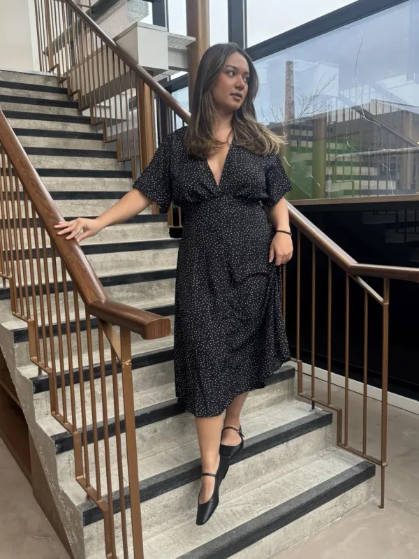 V - Neck Maxi Dress - Black White Dot sold by Glamorous