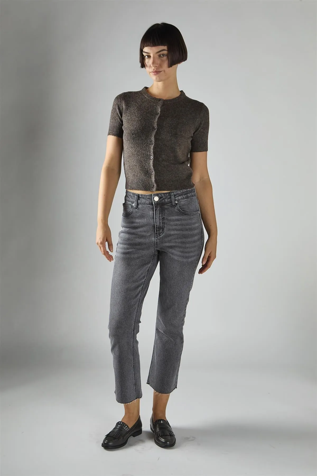 Dark-Brown-Marl Short-Sleeve Button-Front Crop Cardigan sold by Glamorous