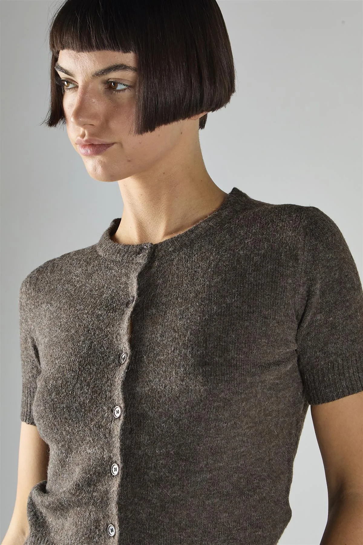 Dark-Brown-Marl Short-Sleeve Button-Front Crop Cardigan sold by Glamorous product image thumbnail 4