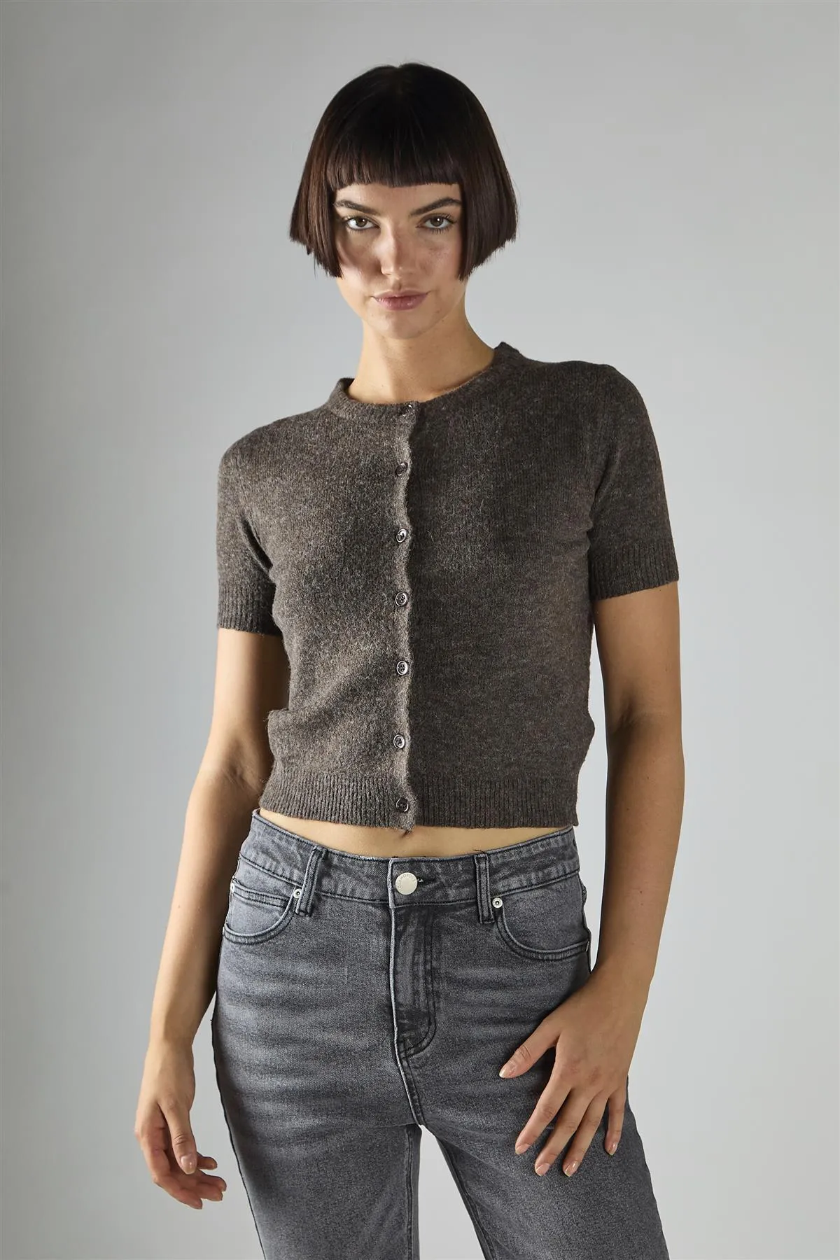 Dark-Brown-Marl Short-Sleeve Button-Front Crop Cardigan sold by Glamorous product image thumbnail 3