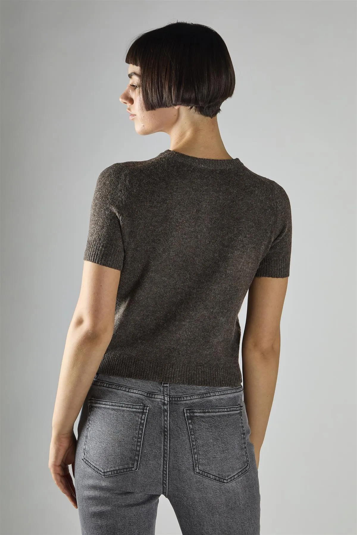 Dark-Brown-Marl Short-Sleeve Button-Front Crop Cardigan sold by Glamorous product image thumbnail 2