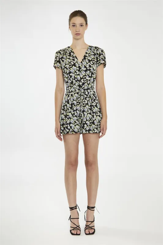V Neck Short Sleeve Playsuit - Black Grey Flower sold by Glamorous