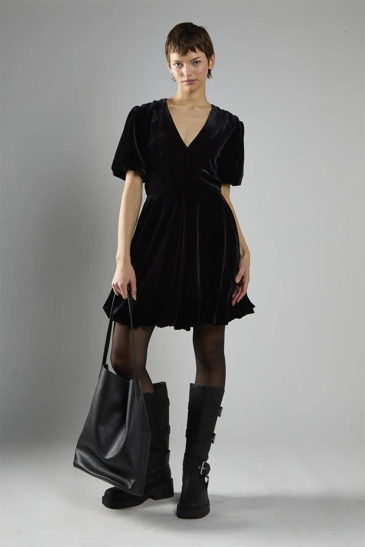 Black Velvet Short Sleeve Skater Mini Dress sold by Glamorous