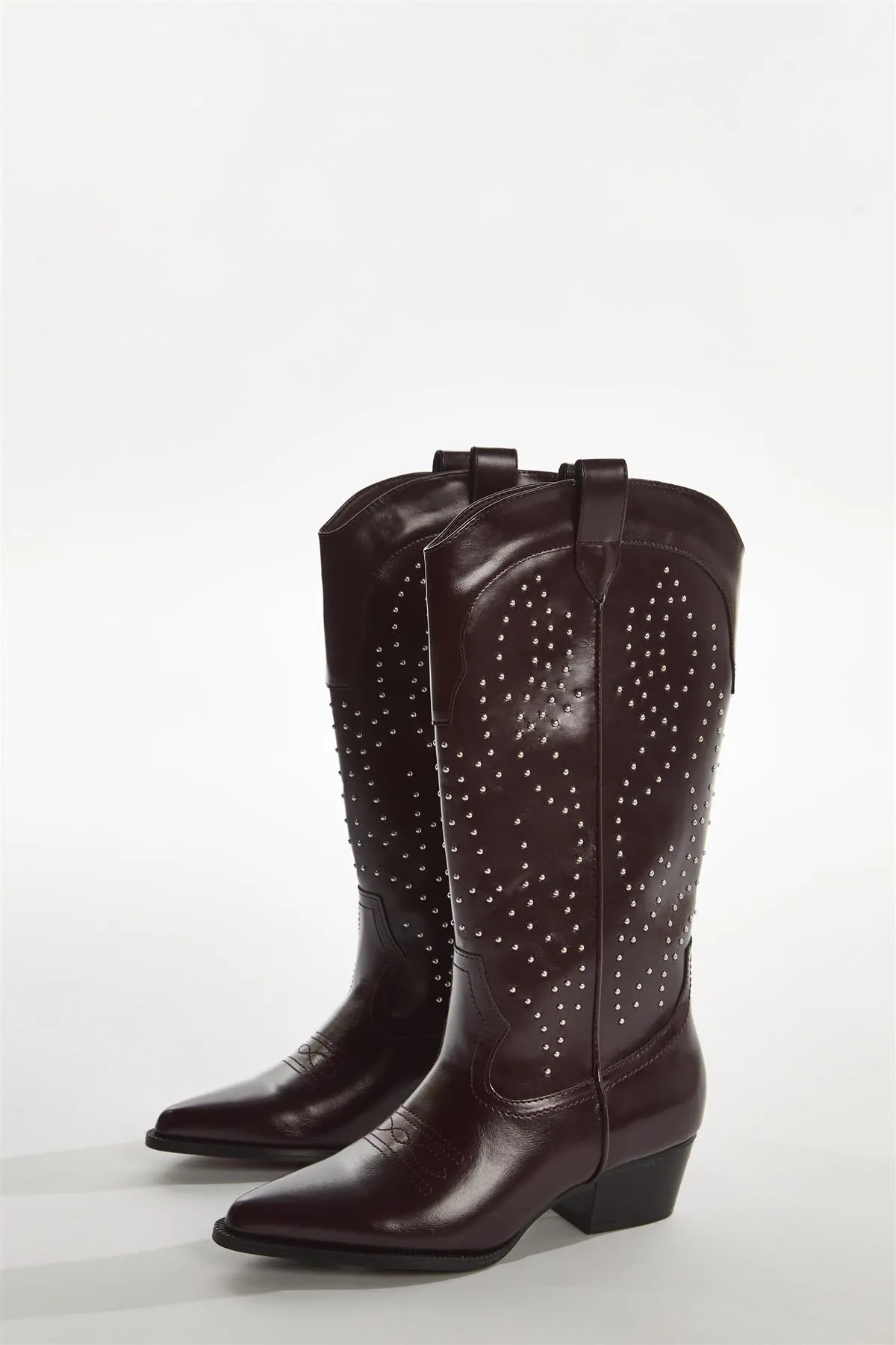 Red-Pu Studded Cowboy Knee-High-Boots sold by Glamorous