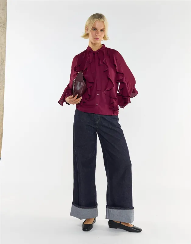 Collection Ruffled Bow Blouse in Burgundy sold by Glamorous