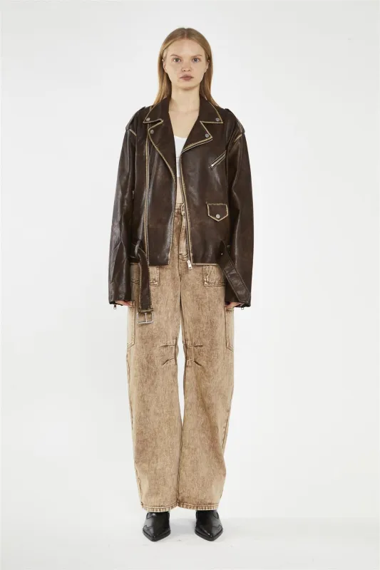 Brown Distressed-PU Oversized Biker-Jacket made by Glamorous