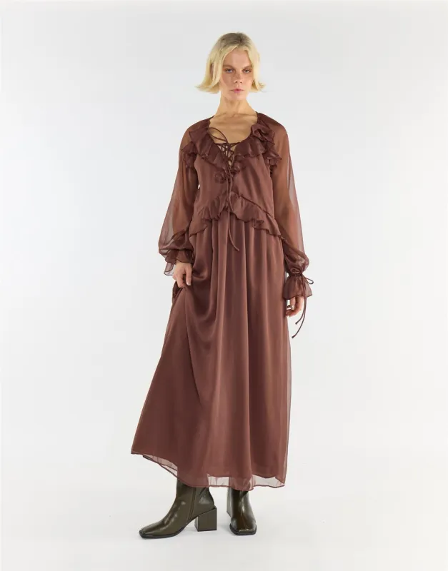 Brown Long Sleeve Ruffle Maxi Dress made by Glamorous