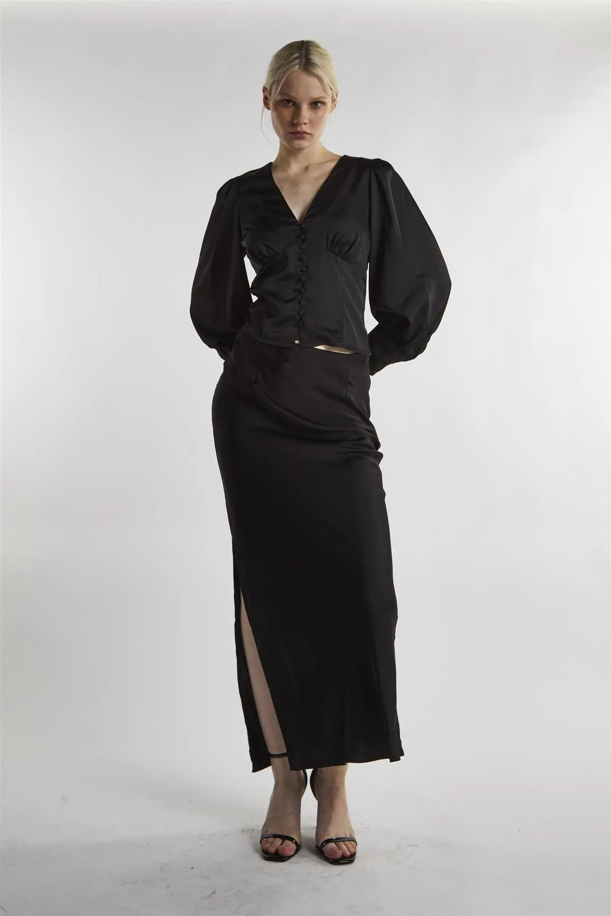 Black-Satin Button-Front Top sold by Glamorous