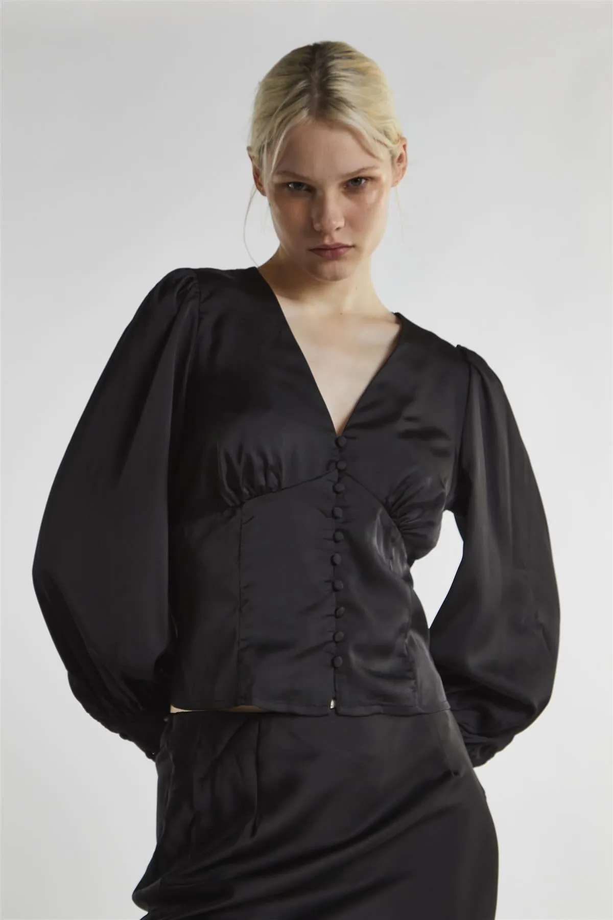 Black-Satin Button-Front Top sold by Glamorous product image thumbnail 3