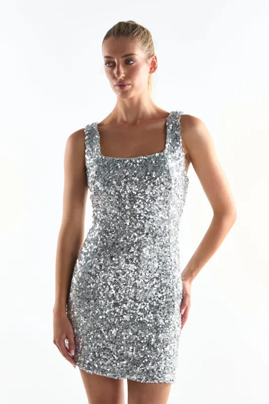 Silver Sequin Square-Neck Mini-Dress sold by Glamorous