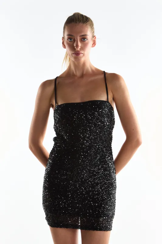 Black Sequin Lace-Up Back Mini-Dress sold by Glamorous