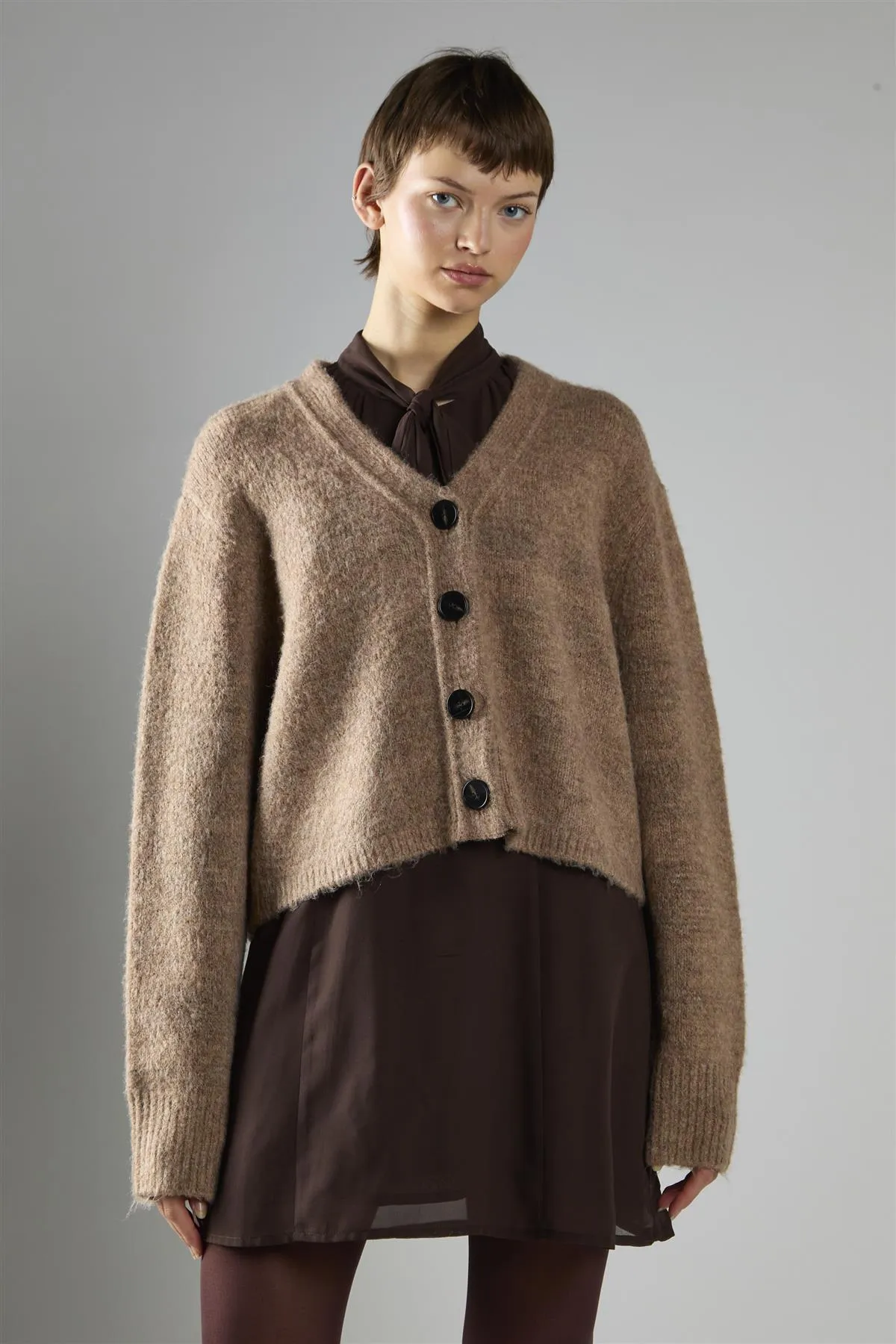 Brown Marl V-Neck Button-Front Long Sleeve Cardigan sold by Glamorous product image thumbnail 3
