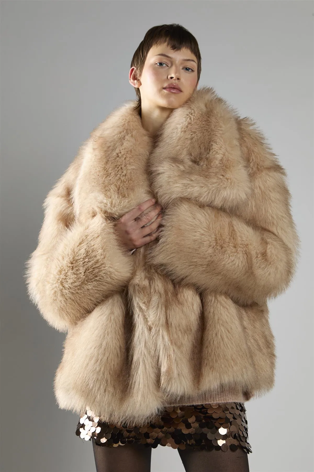 Light Sand Oversize Faux Fur Long Sleeve Coat sold by Glamorous product image thumbnail 3