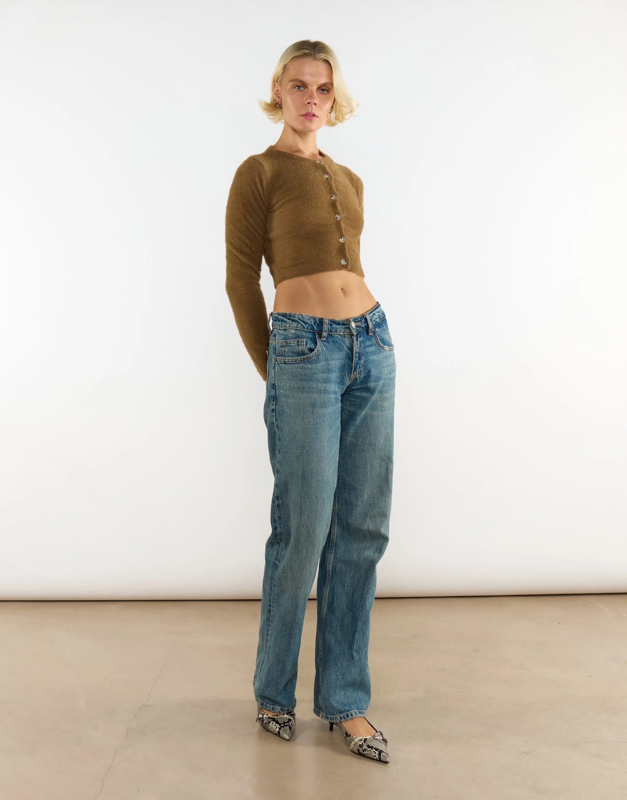 Mocha Long-Sleeve-Button-Front Crop-Top sold by Glamorous