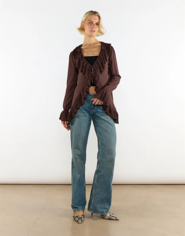 Ruffle Tie Front Top In Brown sold by Glamorous