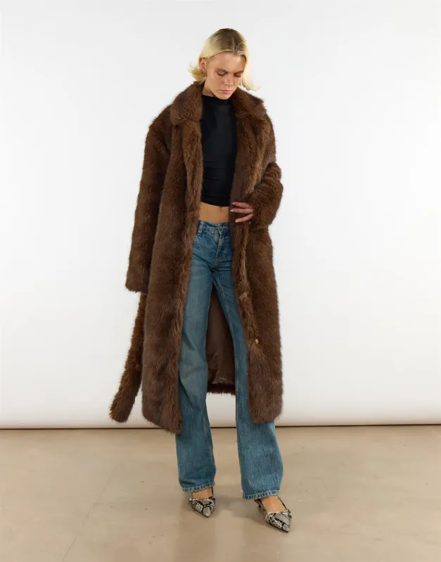 Belted Faux Fur Longline Coat in Brown sold by Glamorous