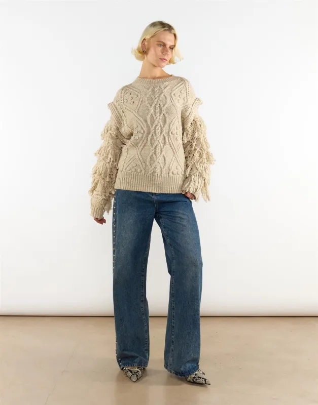 Ecru Marl Fringe Sleeve Cable Knit Jumper made by Glamorous