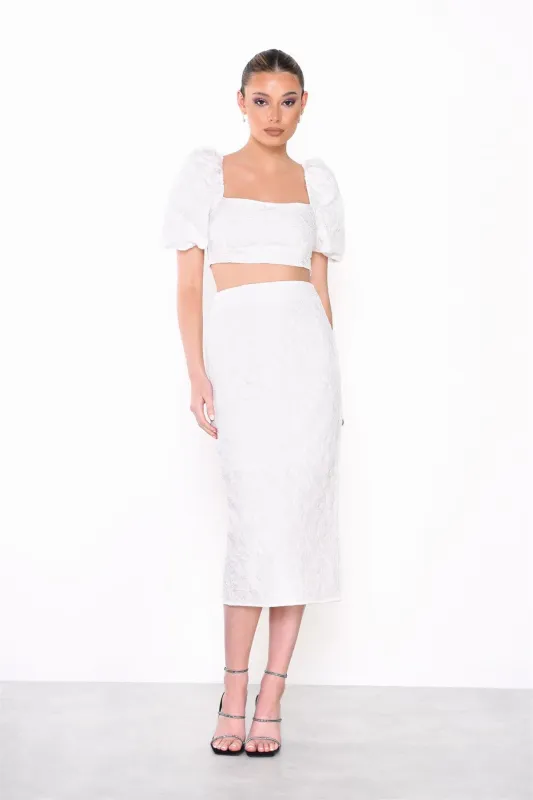 Off-White Jacquard Puff Sleeve Crop-Top sold by Glamorous
