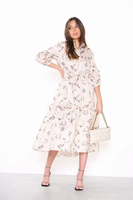 Cream Dainty Floral Long Sleeve Puff Button Up Midi Dress made by Glamorous