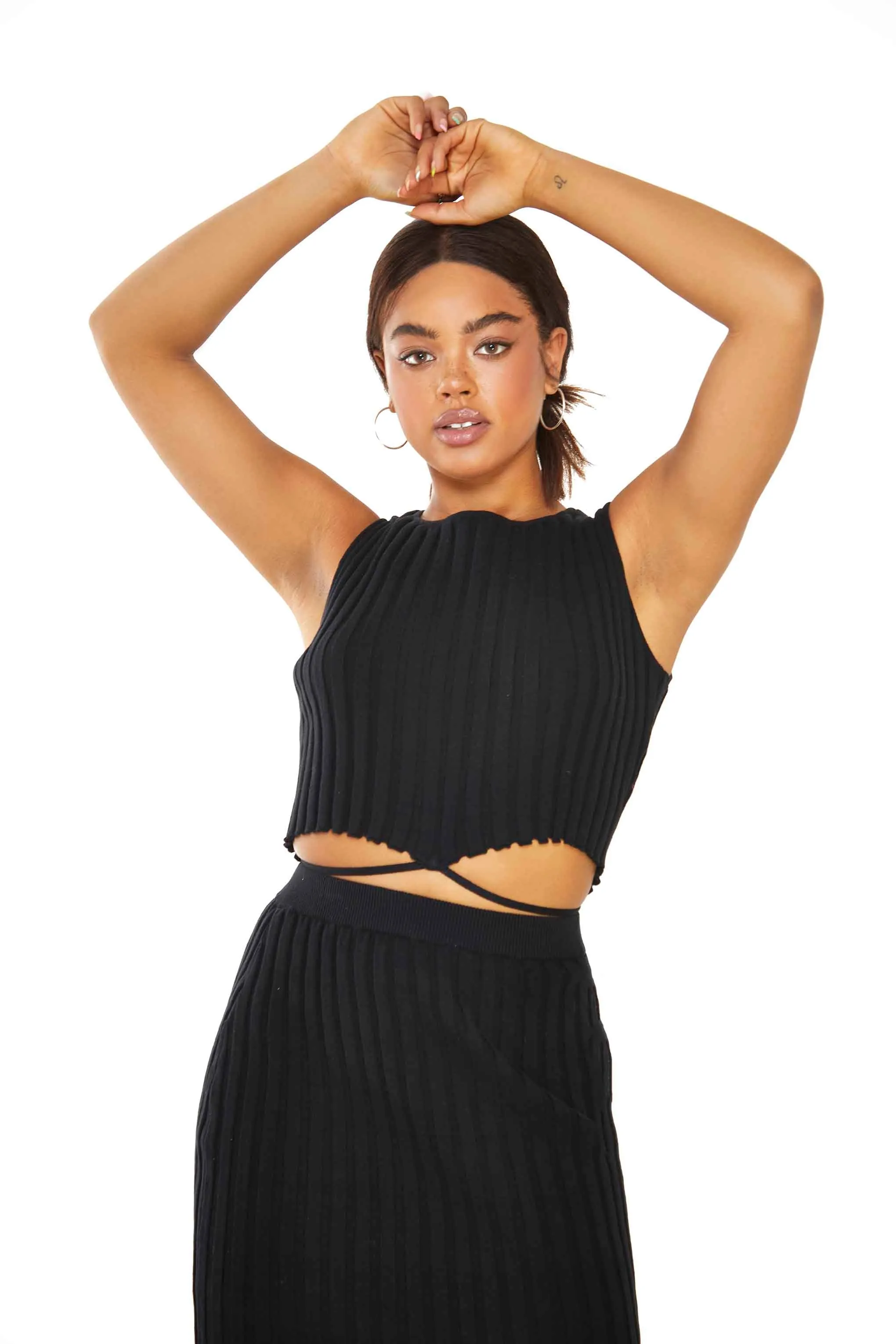 Glamorous Black Rib Knit Crop top with Waist Tie sold by Glamorous