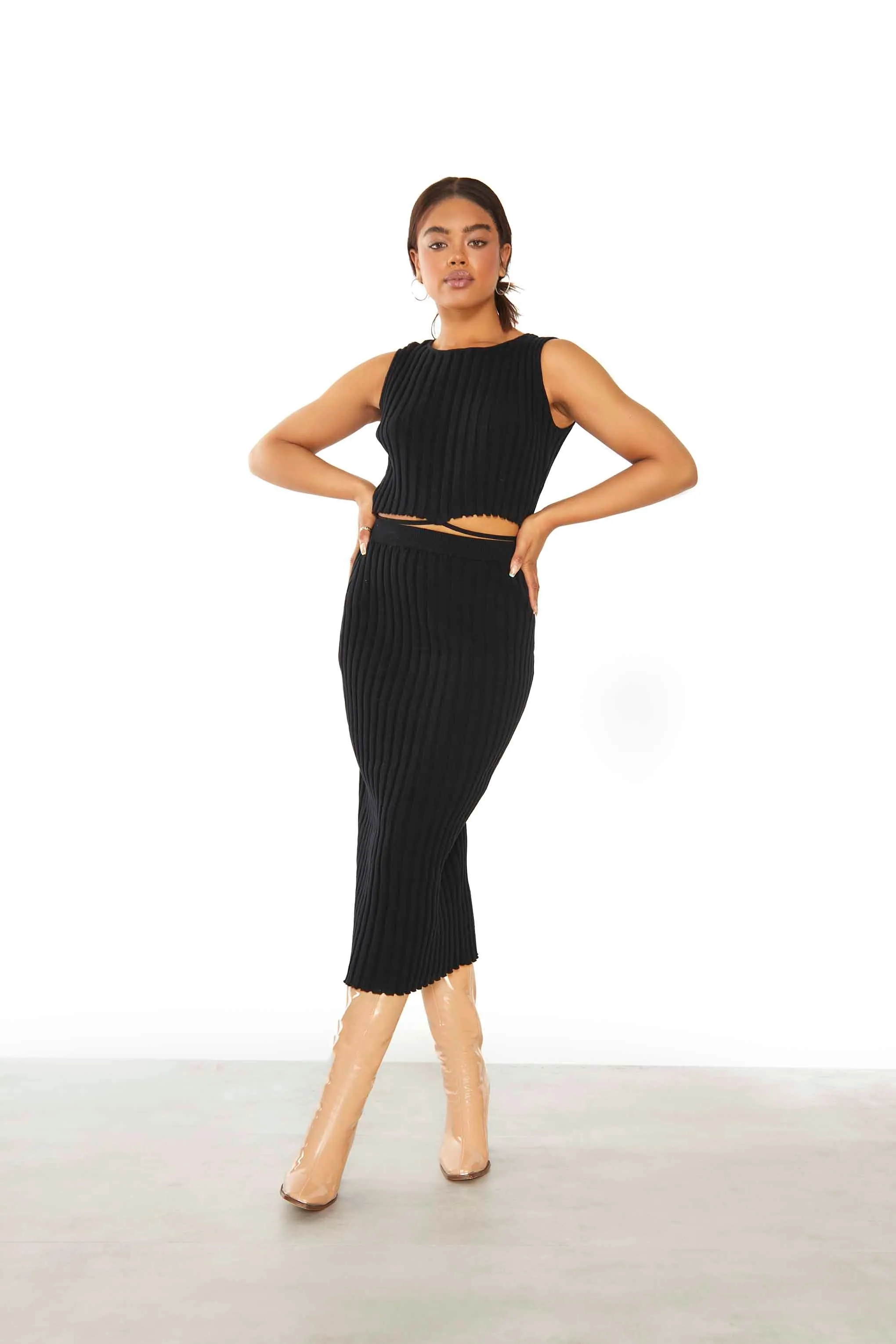 Glamorous Black Rib Knit Crop top with Waist Tie sold by Glamorous product image thumbnail 2