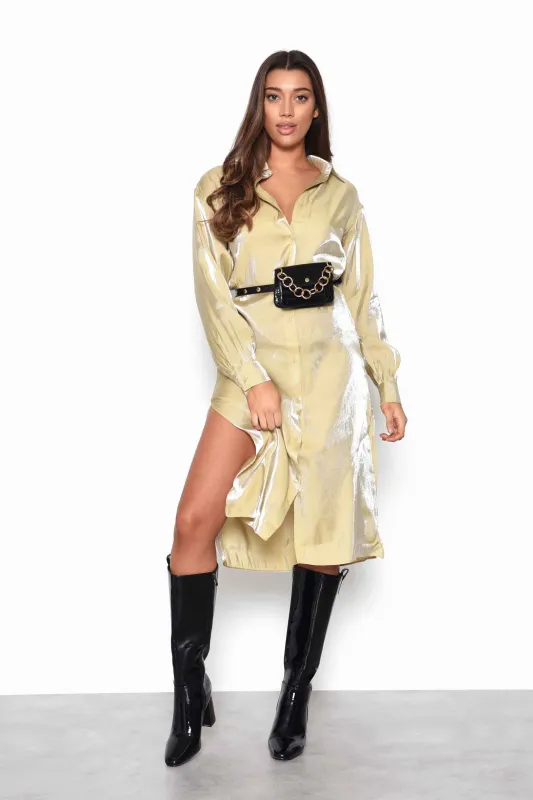 Glamorous Ochre Shimmer Long Sleeve Midi Shirt Dress with Side Splits sold by Glamorous