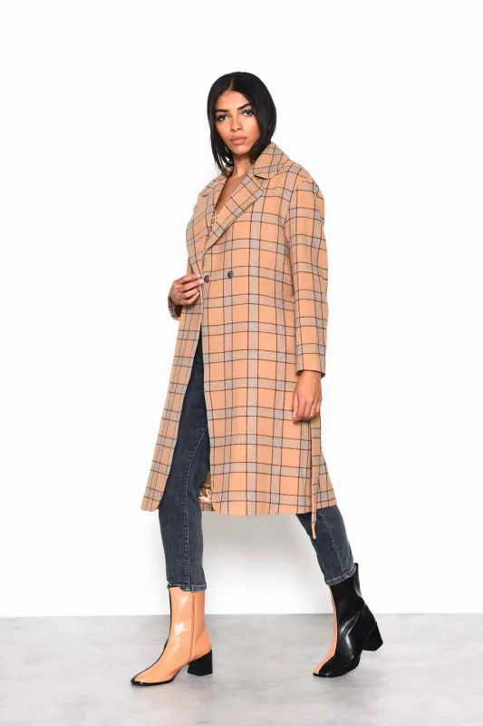 Glamorous Camel Multi Check Double Breasted Longline Coat with Waist belt sold by Glamorous
