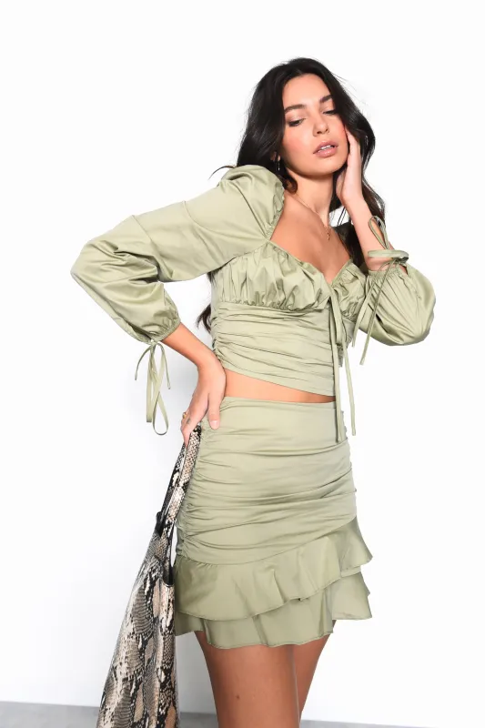 Glamorous Pale Khaki Ruched Top with Full Length Puff Sleeves sold by Glamorous