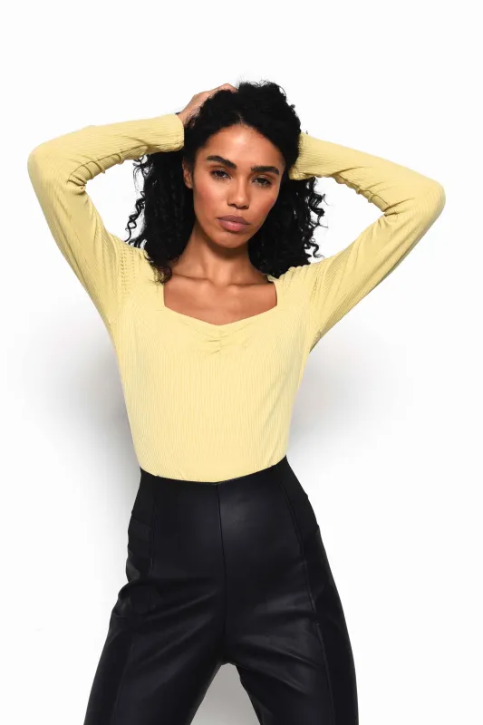 Glamorous Soft Yellow Sweetheart Neckline Long Sleeve Bodysuit sold by Glamorous