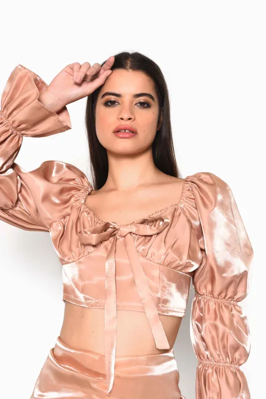 Glamorous Nude Shimmer Gather Sleeve Crop top with Rushed Bust detail sold by Glamorous