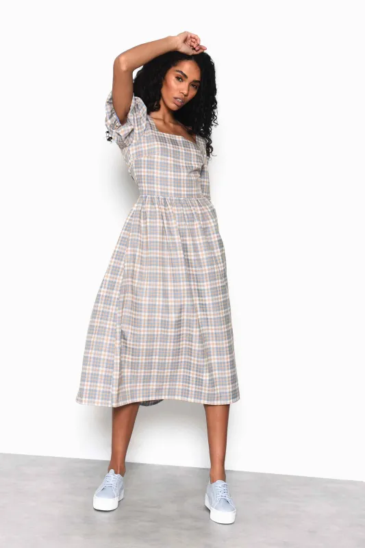 Glamorous Light Blue Multi Check Square Neck Puff Sleeve Midi Dress made by Glamorous