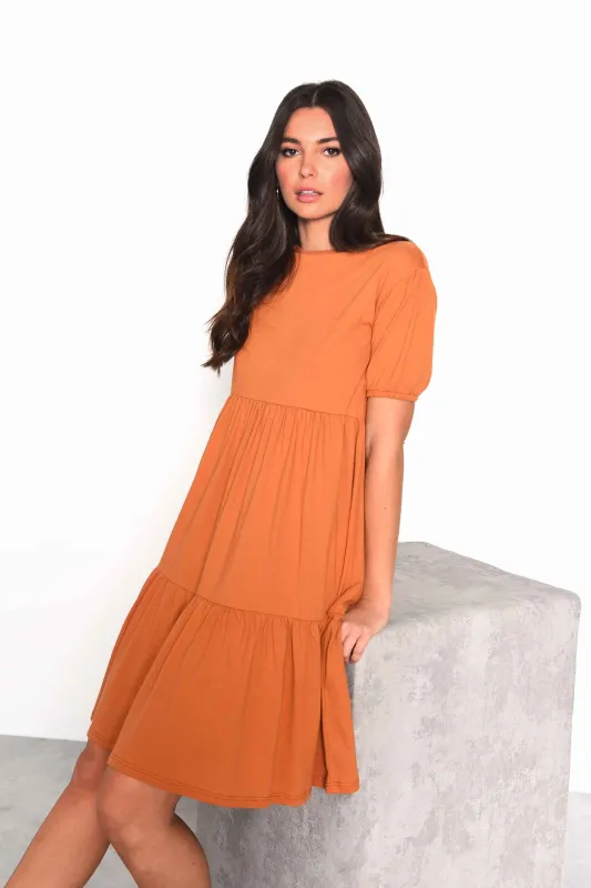 Glamorous Rust Tiered Smock Midi Dress sold by Glamorous