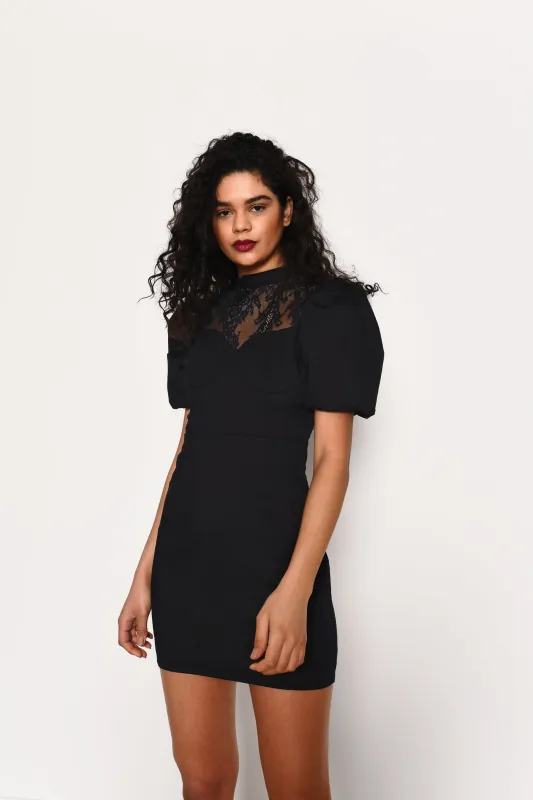 Glamorous Black Puff Sleeve Mini Dress with Contrasting Lace Panel sold by Glamorous