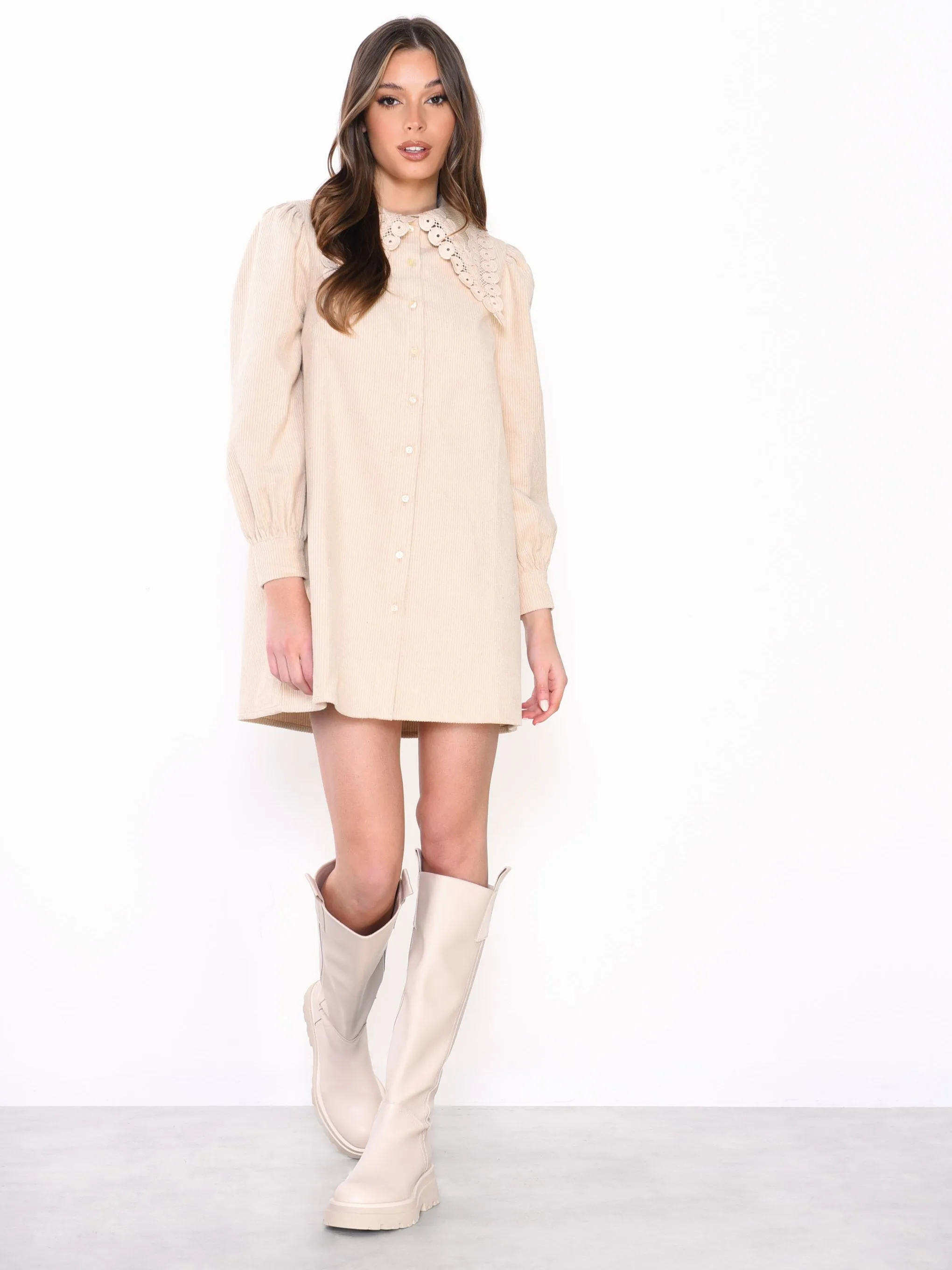Glamorous Stone Corduroy Collar Button Front Mini Dress sold by Glamorous product image thumbnail 2