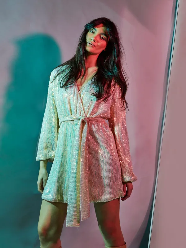 Glamorous Nude Iridescent Sequin Tie Waist Wrap Mini Dress sold by Glamorous