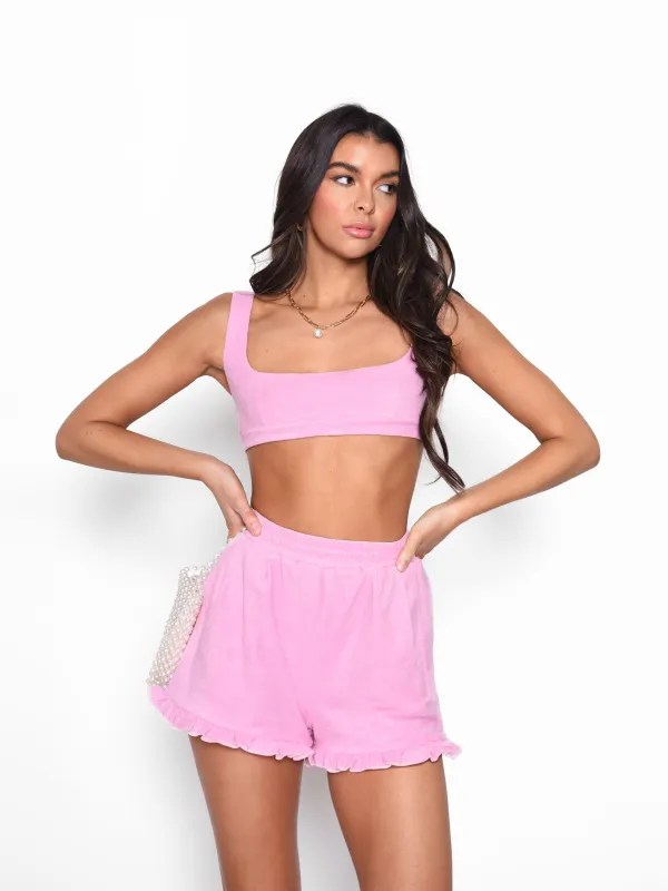 Glamorous Pink Frill Hem Towelling Shorts sold by Glamorous