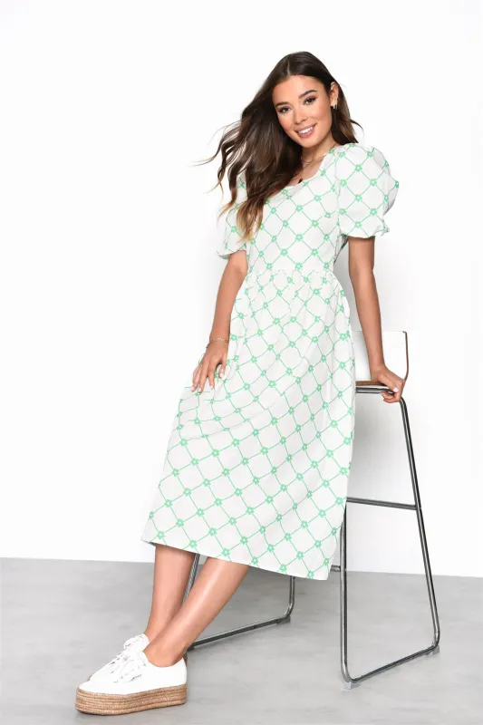 White-Green-Trellis Puff-Sleeve Midi-Dress sold by Glamorous
