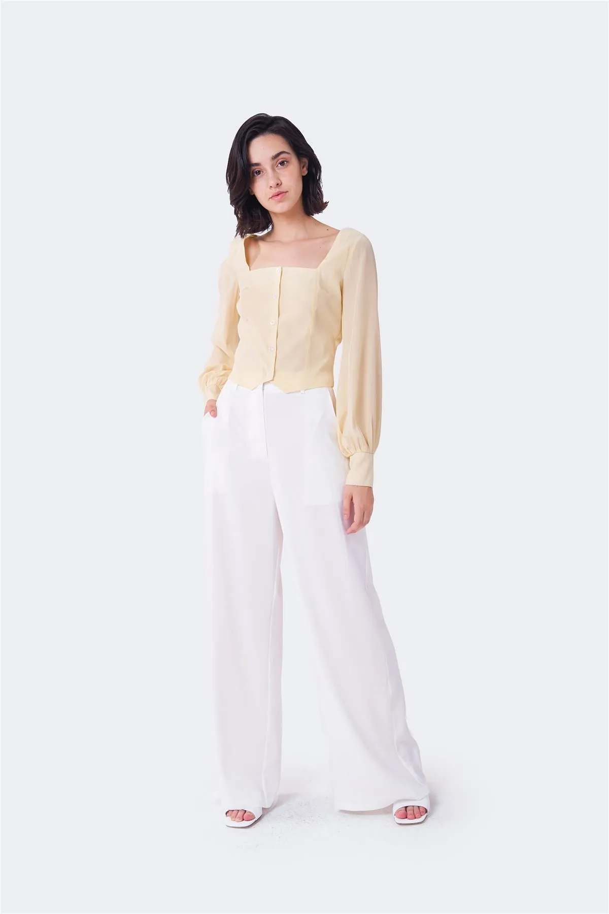Soft-Yellow Square-Neck-Button-Front Tops sold by Glamorous