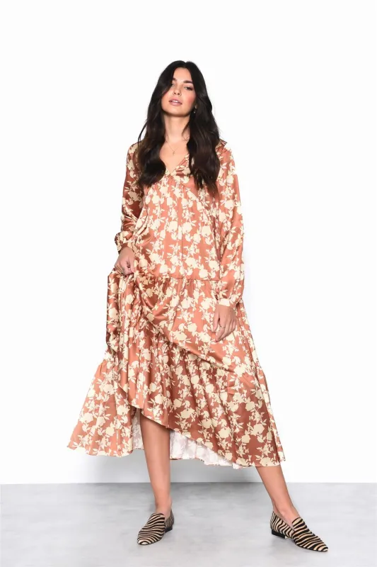 Tan-Yellow-Floral Long-Sleeve-Pleated Maxi-Dress made by Glamorous