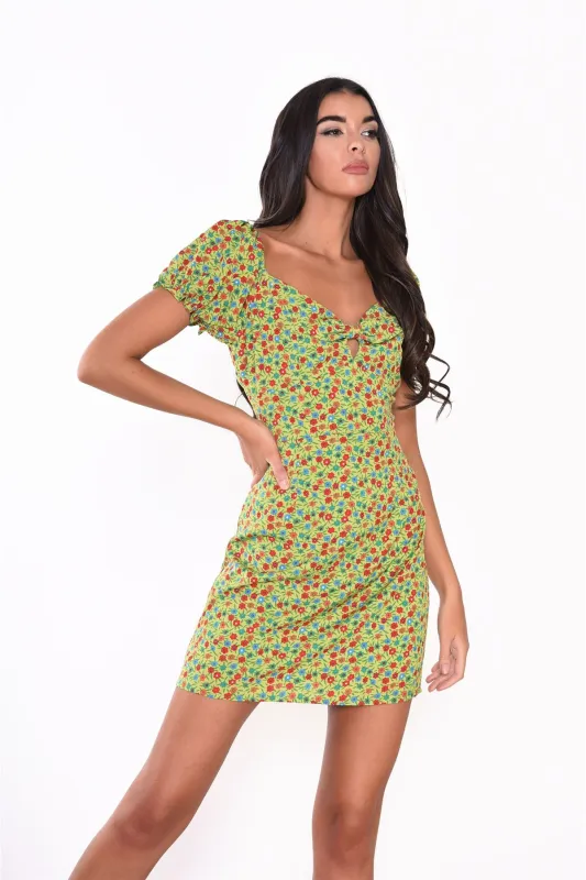 Lime-Red-Ditsy Short-Sleeve Mini-Dress sold by Glamorous