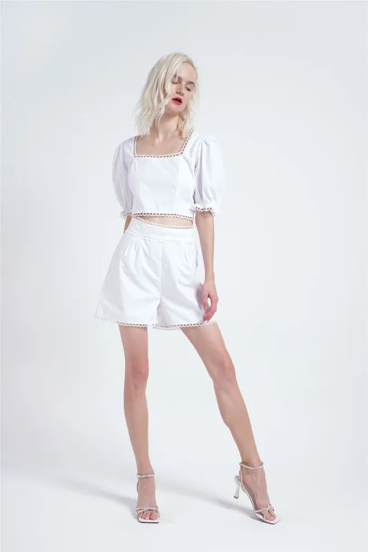 White- Lace-Trim High-Waisted-Shorts sold by Glamorous