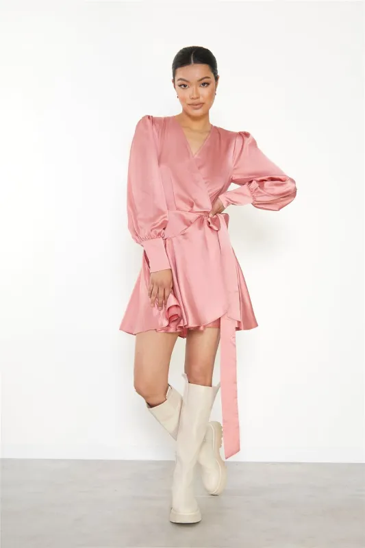 Dusty-Pink Wrap Mini-Dress sold by Glamorous