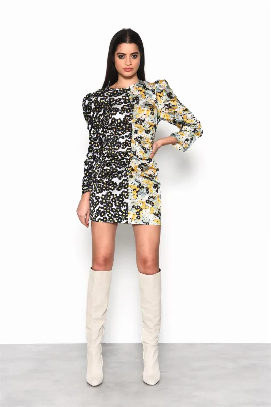 Mono Mustard floral Long-Sleeve Bodycon Mini-Dress sold by Glamorous