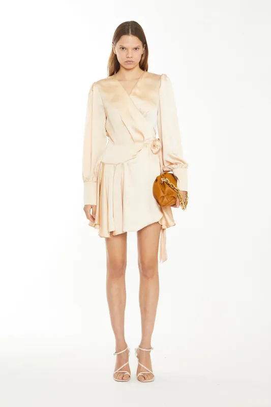 Peach Champagne Satin Wrap Mini-Dress sold by Glamorous