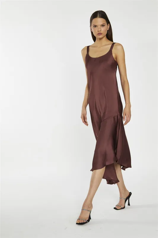 Reddish-Brown Satin Bias-Cut Asymmetric-Dress sold by Glamorous